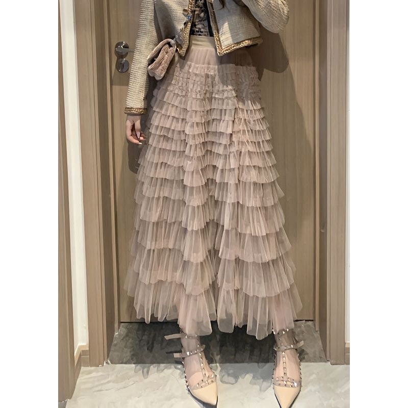Chic Coffee Pink Ruffled Layered Patchwork Tulle Skirt Spring