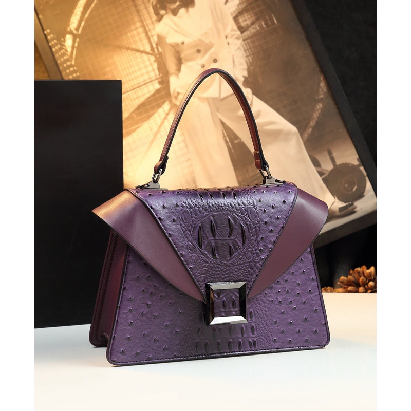 Chic Purple Embossed Patchwork Calf Leather Tote Handbag