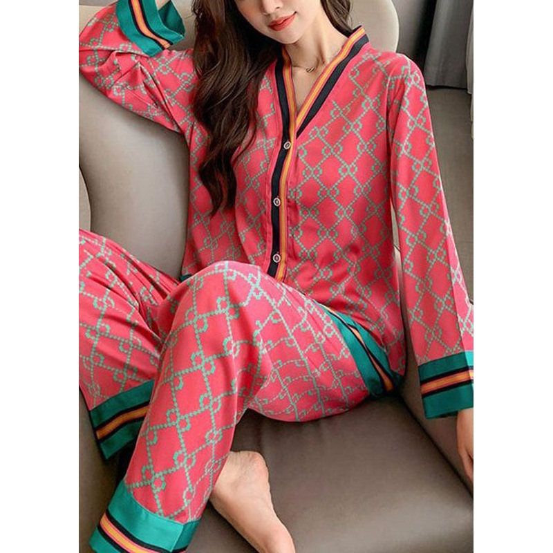 Chic Rose V Neck Patchwork Print Ice Silk Pajamas Sets 2 Pieces Spring