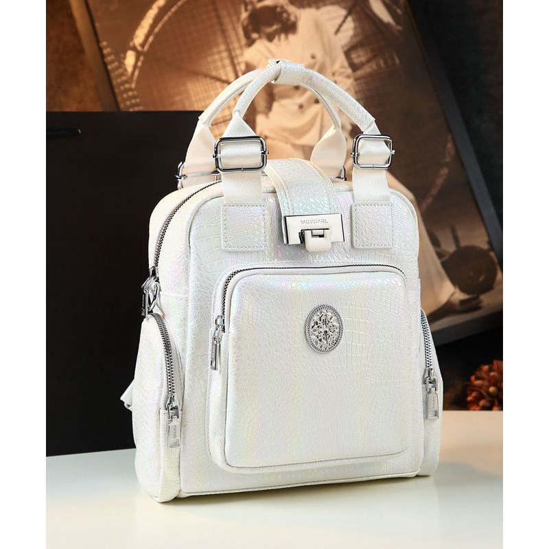 Chic White Embossed Pockets Calf Leather Tote Backpack Bag