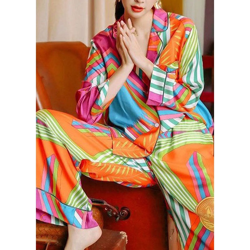 Chic Yellow Peter Pan Collar Striped Print Ice Silk Pajamas Sets Spring