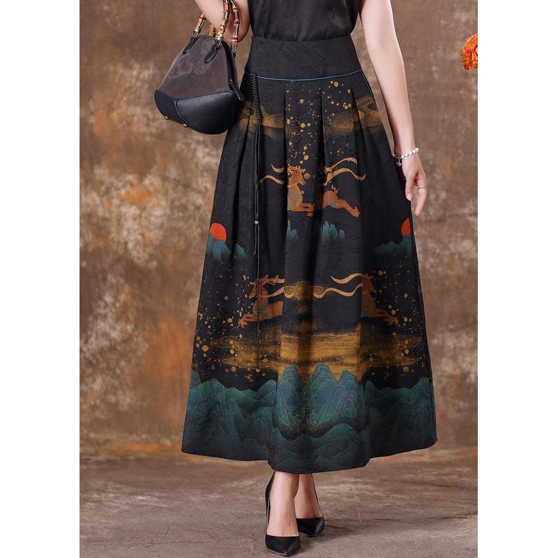 Chinese Style Black Wrinkled Tasseled Pockets Print Silk Skirt Spring