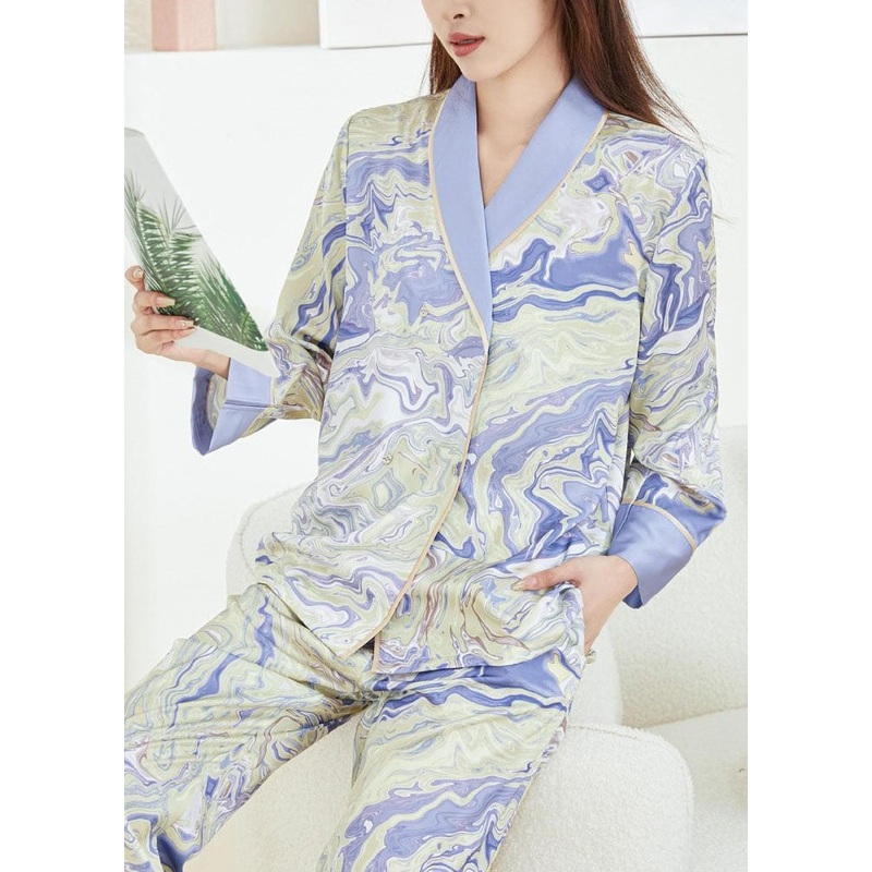 Chinese Style Purple Print Double Breast Ice Silk Pajamas Two Pieces Set Spring