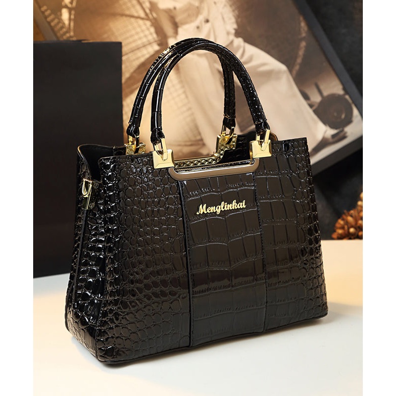 Classy Black Embossed Versatile Calf Leather Tote Handbag