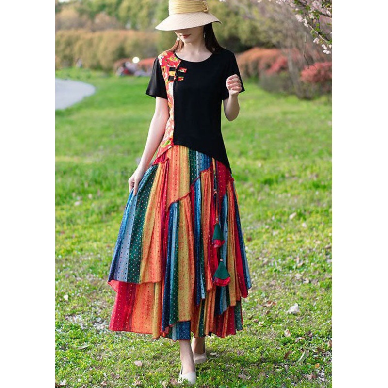 Diy Red O-Neck Patchwork Print Tops And Skirts Cotton Two Pieces Set Spring