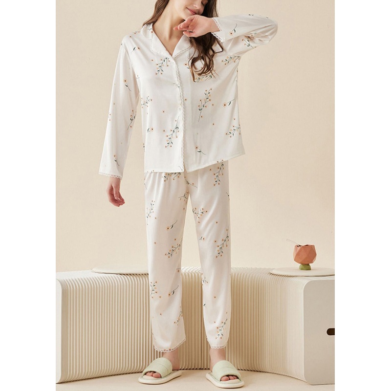 DIY White Peter Pan Collar Print Ice Silk Pajamas Two Pieces Set Spring