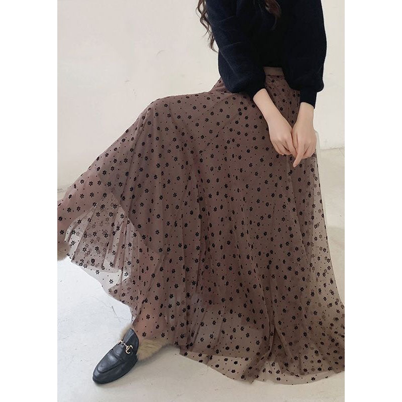 Elegant Coffee Wrinkled Print Patchwork Tulle Skirts Spring