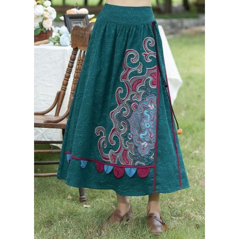 Elegant Green Wrinkled Embroideried Patchwork Linen Skirts Spring