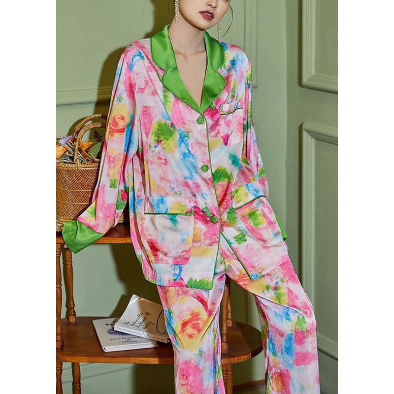 Elegant Pink Print Oversized Pockets Ice Silk Pajamas Two Piece Set Spring