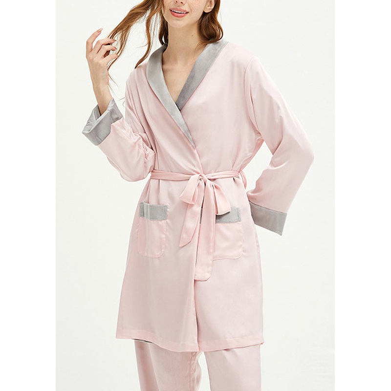 Elegant Pink V Neck Tie Waist Velour Pajamas Two Pieces Set Spring
