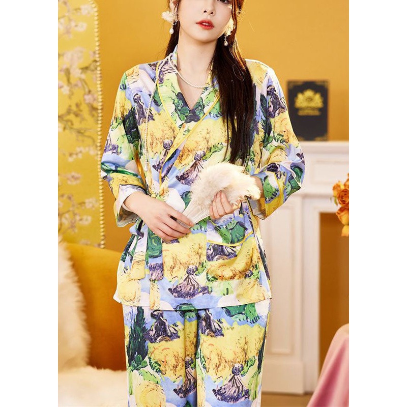 Elegant Yellow Floral Print Tie Waist Ice Silk Pajamas Two-Piece Set Spring