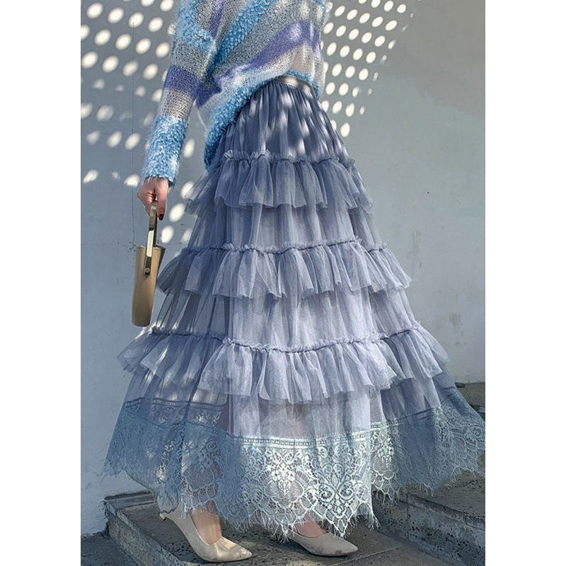 Fashion Blue Layered Wrinkled Lace Patchwork Tulle Maxi Skirts Spring