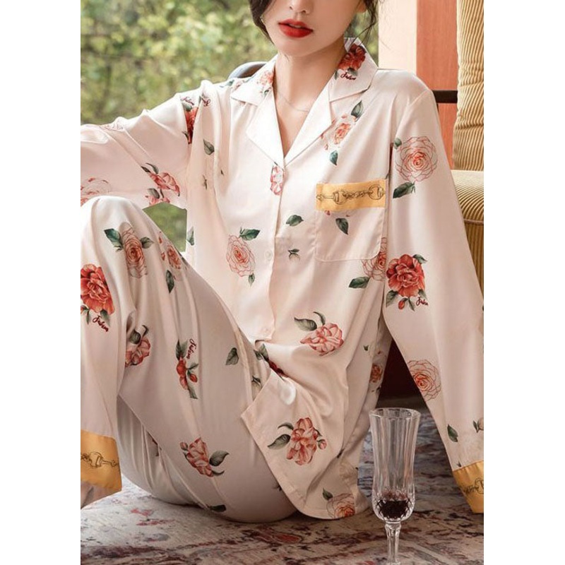 Fashion Light Pink Patchwork Print Silk Pajamas Two-Piece Set Spring