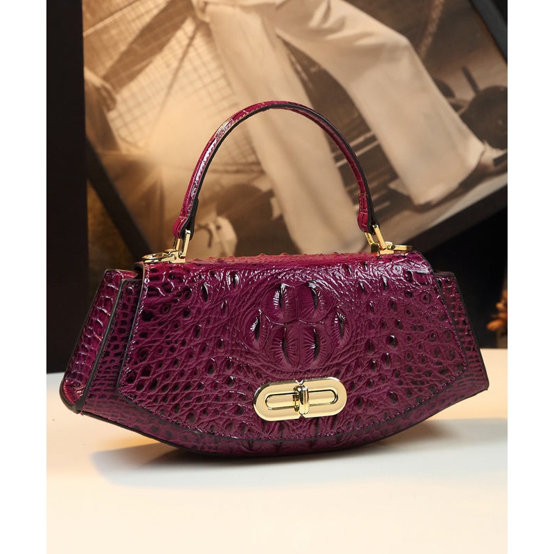 Fine Purple Embossed Durable Calf Leather Tote Handbag