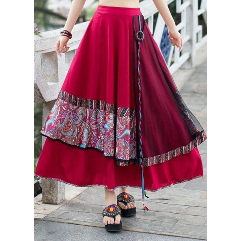 Fitted Red Wrinkled Asymmetrical Patchwork Print Linen Skirts Spring