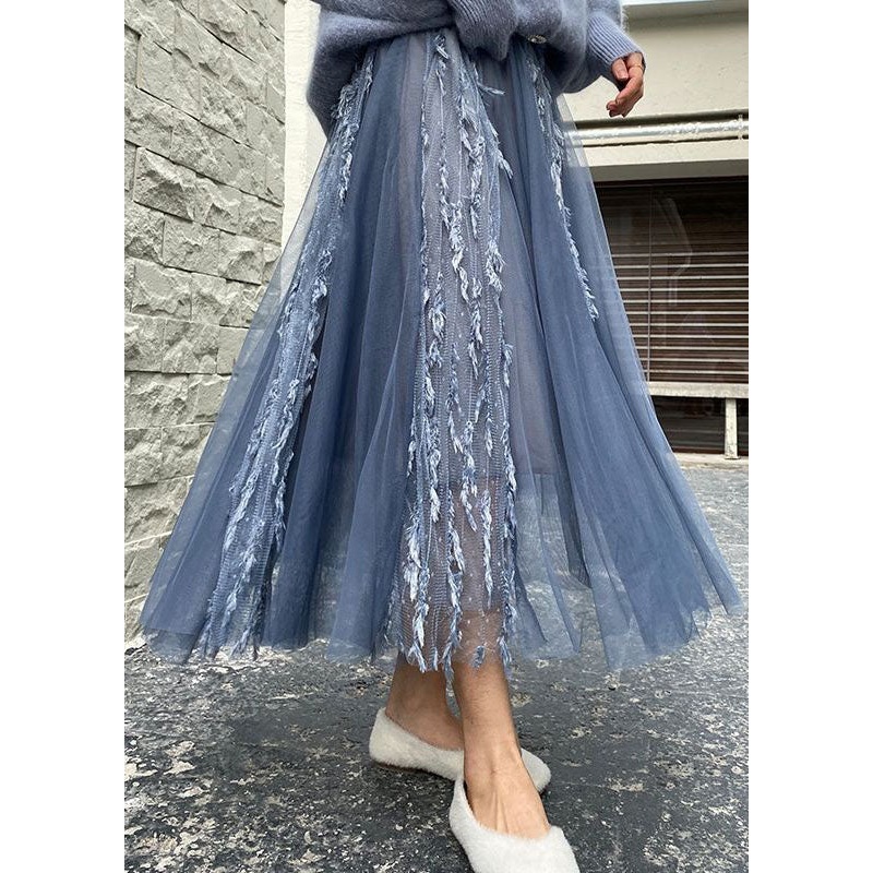 French Blue Wrinkled Tasseled Patchwork Tulle Skirts Spring