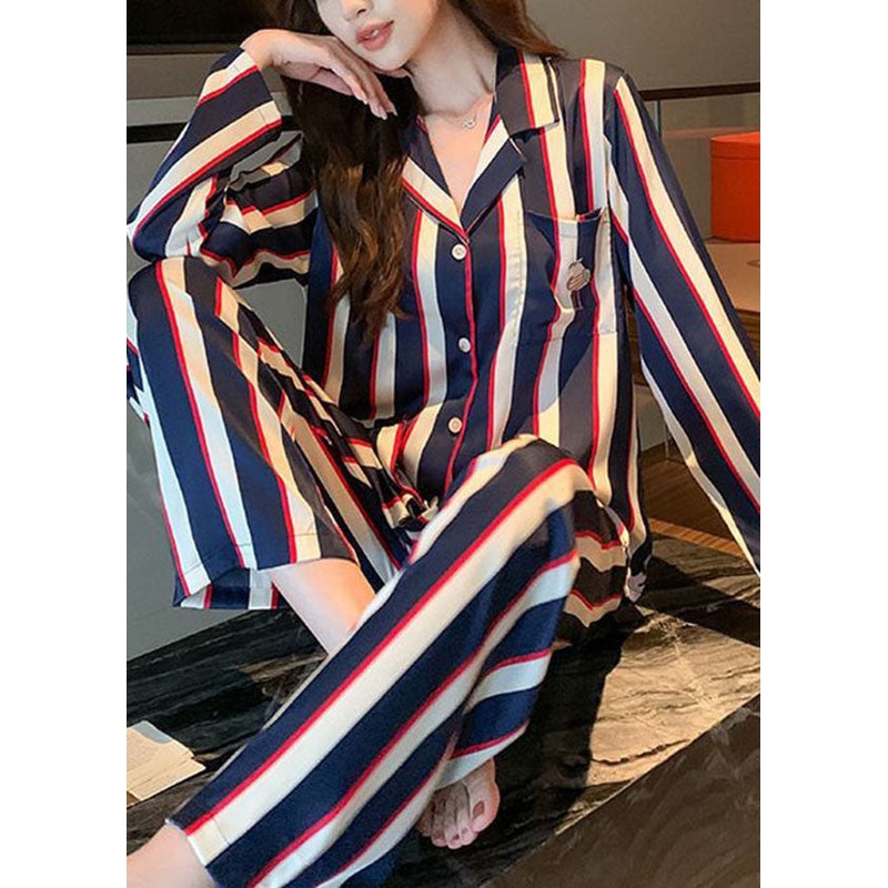 French Dark Purple Striped Pockets Ice Silk Pajamas Two Pieces Set Spring