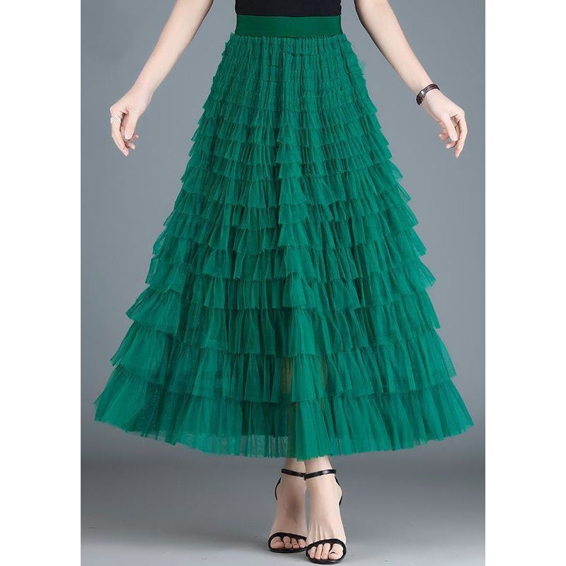 French Green Wrinkled Patchwork Elastic Waist Tulle Skirt Spring