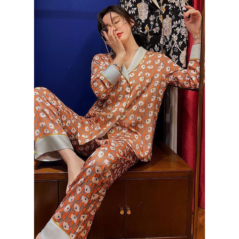 Handmade Orange Print Patchwork Ice Silk Pajamas Two Pieces Set Spring