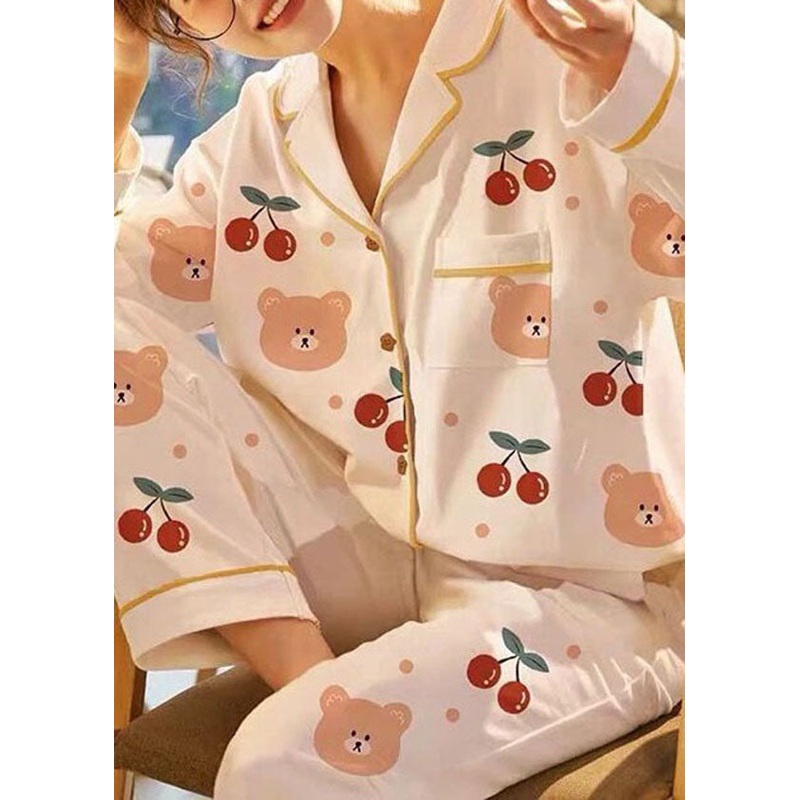 Italian Beige Print Cotton Pajamas Two Piece Set Clothing Spring