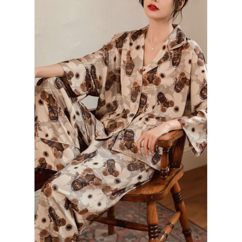 Italian Coffee Peter Pan Collar Print Ice Silk Pajamas Outfit Spring