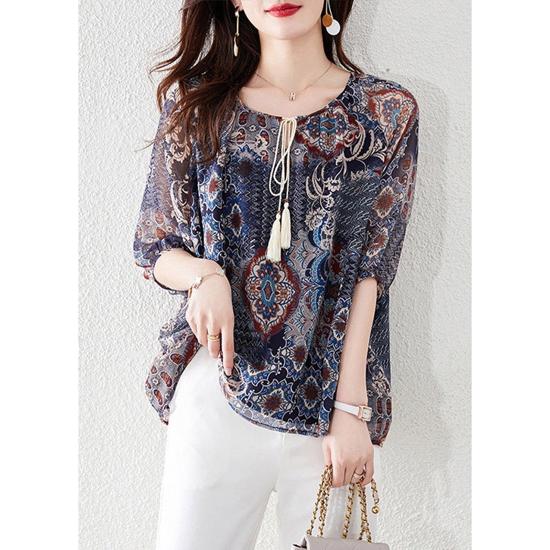 Italian O-Neck Print Neck Tie Chiffon Shirt Short Sleeve