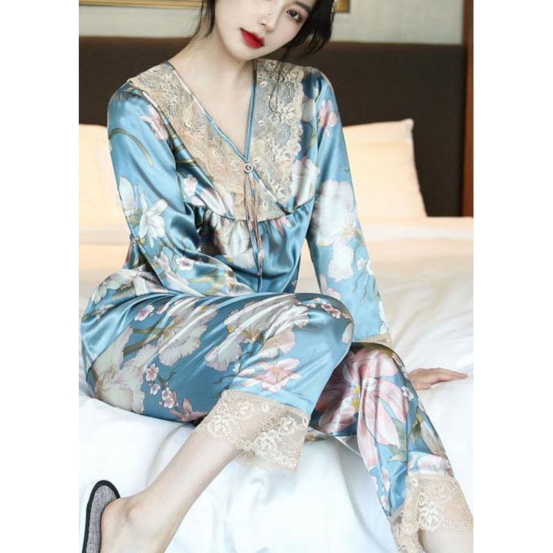 Light Blue Lace Patchwork Ice Silk Pajamas Two Pieces Set V Neck Tassel Spring