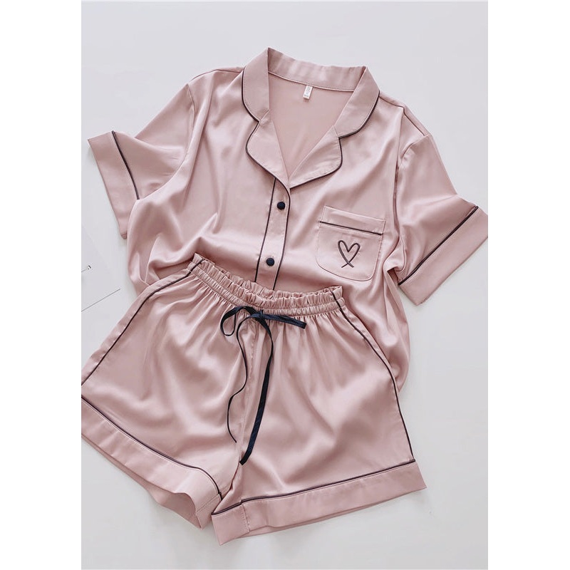 Loose Pink Peter Pan Collar Love Patchwork Ice Silk Pajamas Two Pieces Set Summer