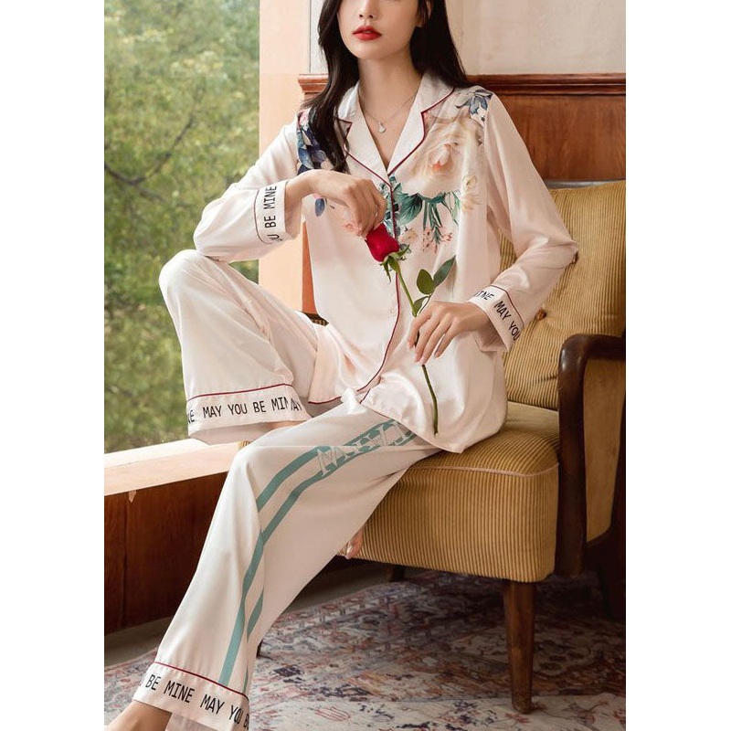 Modern Apricot Oversized Print Ice Silk Pajamas Two Piece Set Spring