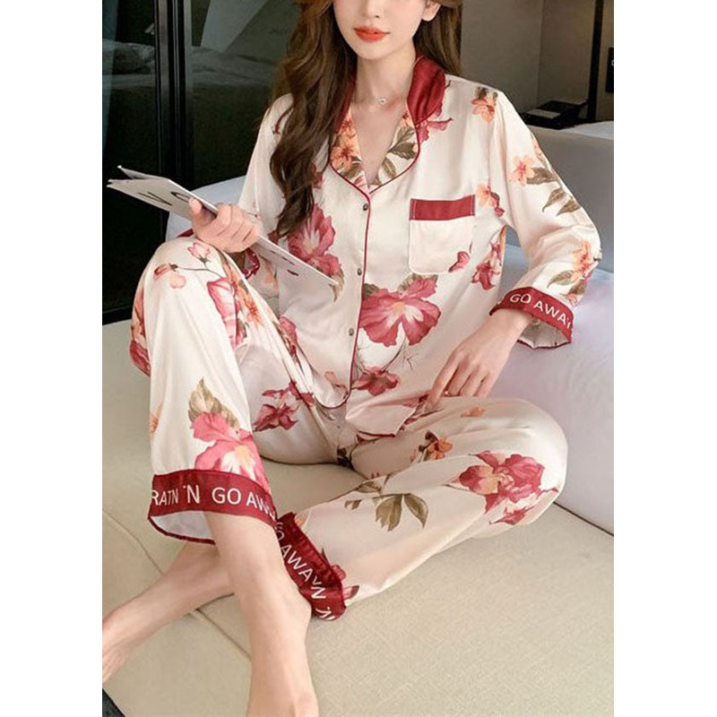 Modern Beige Peter Pan Collar Print Ice Silk Pajamas Two Piece Suit Spring