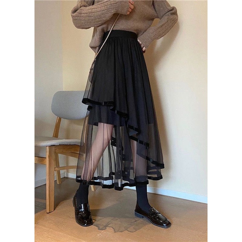 Modern Black Wrinkled Asymmetrical Patchwork Tulle Skirts Spring