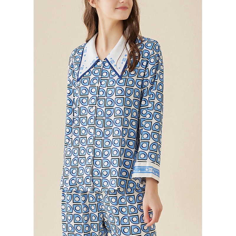 Modern Blue Peter Pan Collar Print Button Ice Silk Pajamas Two Pieces Set Long Sleeve