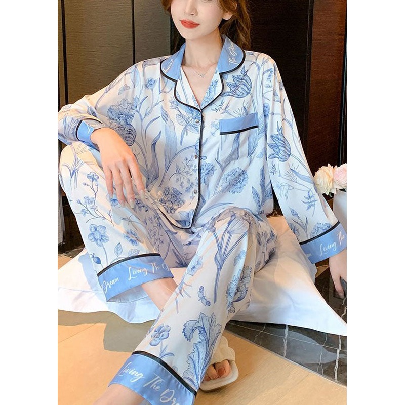 Modern Light Blue Peter Pan Collar Print Pocket Ice Silk Pajamas Two Pieces Set Spring