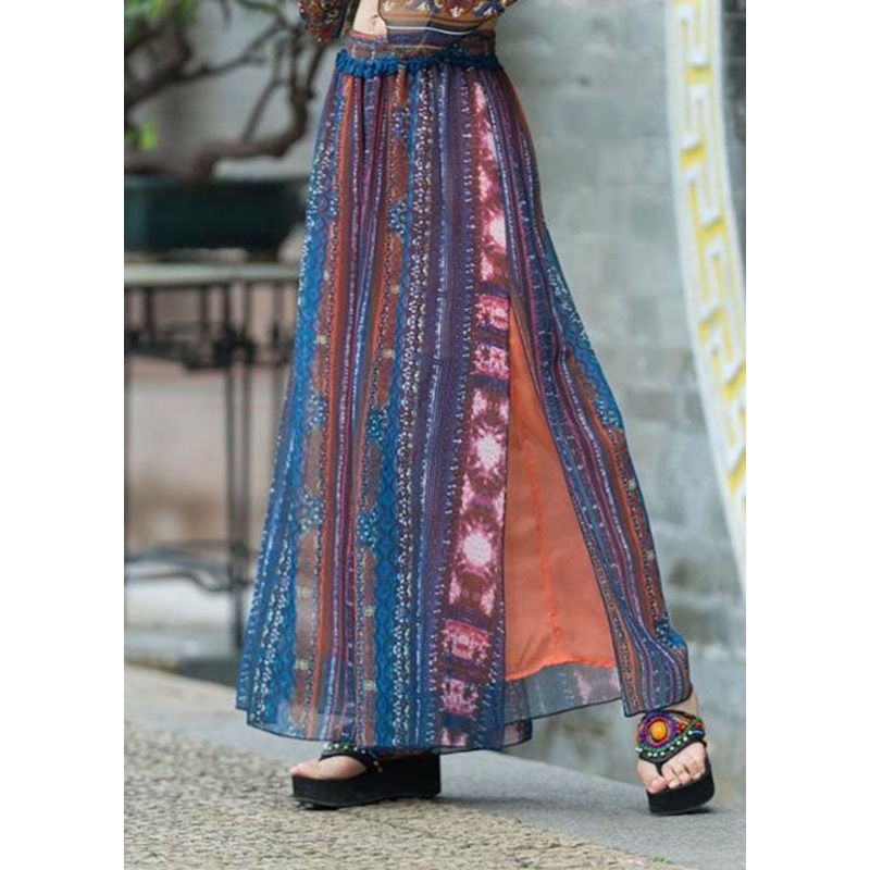Natural Blue Side Open Print Chiffon Wide Leg Pants Summer