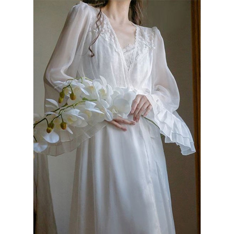 Novelty White V Neck Embroideried Floral Chiffon Cardigans And Slip Dress Two Pieces Set Summer