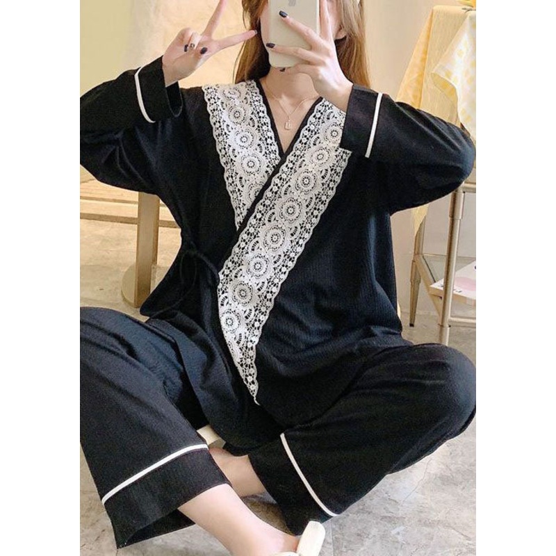 Organic Black Lace Patchwork Cotton Pajamas Two Piece Set Spring