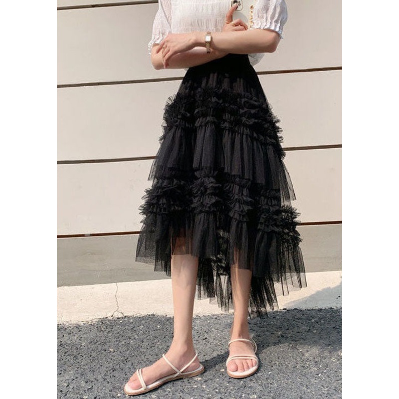 Organic Black Wrinkled Layered Patchwork Tulle Skirt Spring