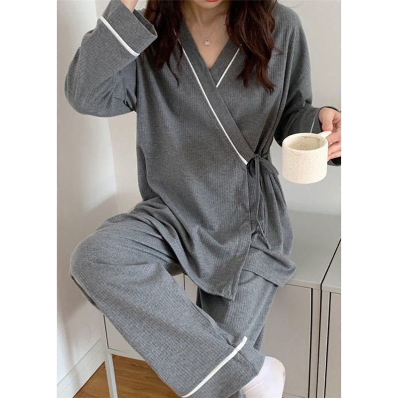 Plus Size Grey Patchwork Lace Up Cotton Pajamas Two Pieces Set Summer