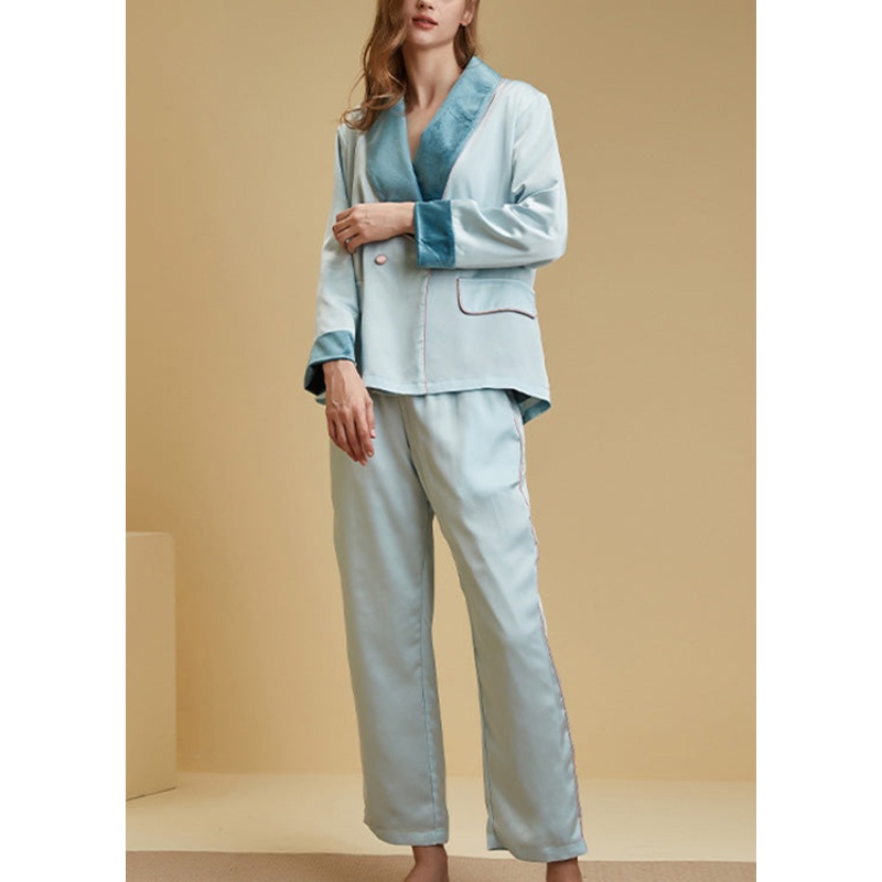 Plus Size Light Blue Peter Pan Collar Button Cozy Velour Pajamas Two Pieces Set Long Sleeve