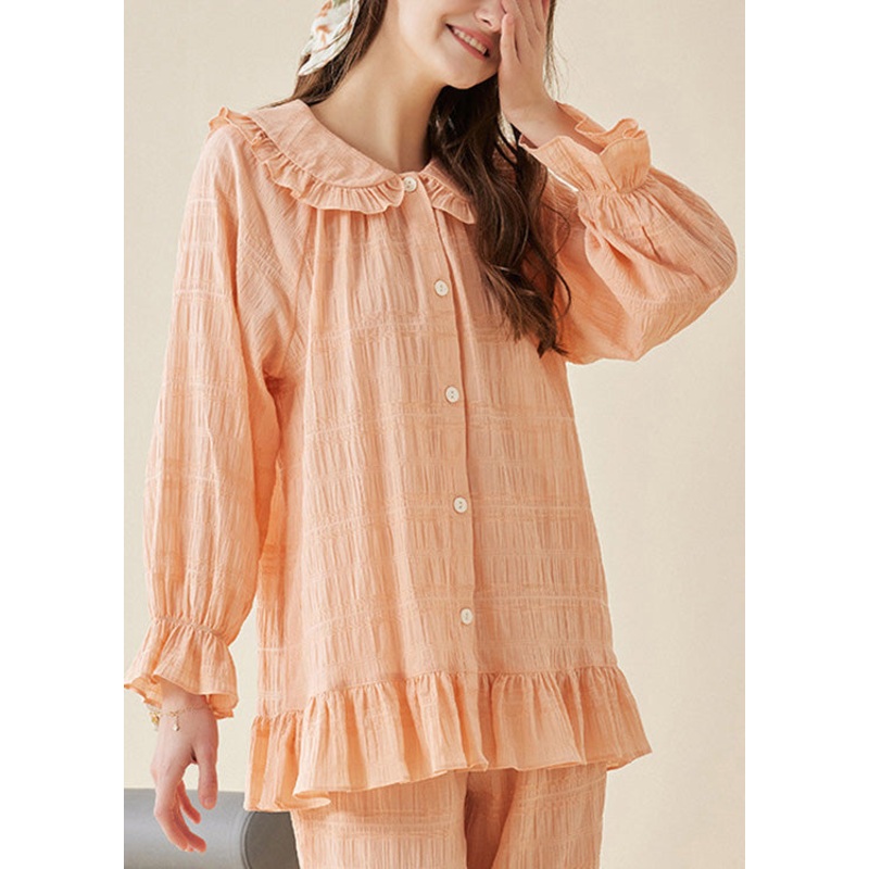 Plus Size Orange Peter Pan Collar Ruffled Cotton Button Pajamas Two Pieces Set Long Sleeve