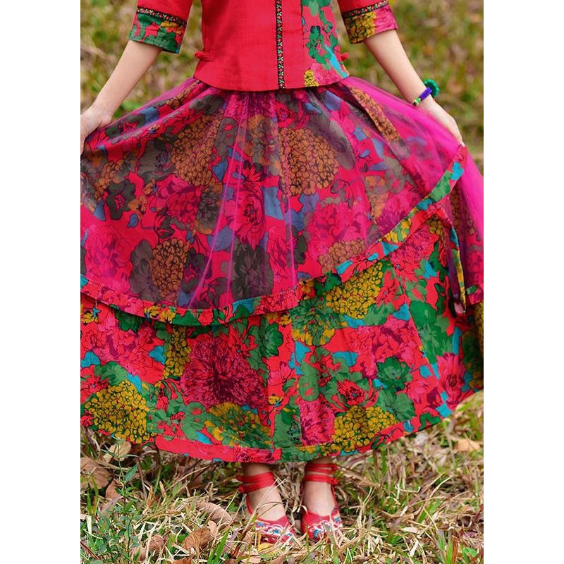 Retro Red Wrinkled Asymmetrical Tulle Patchwork Print Cotton Skirt Spring