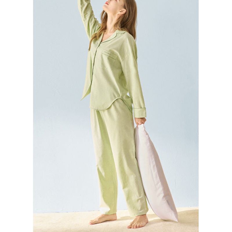 Simple Fruit Green V Neck Button Low High Design Cotton Cotton Two Pieces Set Spring