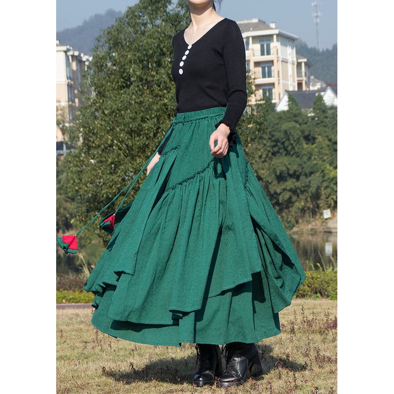 Simple Green Wrinkled Asymmetrical Patchwork Cotton Skirts Spring