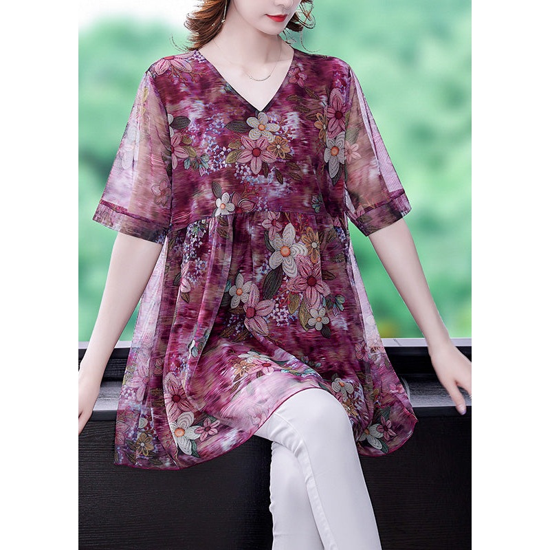 Simple Red V Neck Print Patchwork Chiffon Shirts Short Sleeve