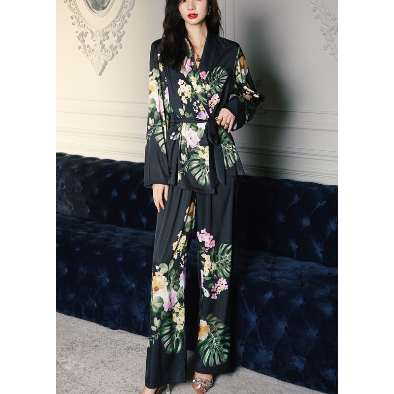 Slim Fit Black V Neck Tie Waist Ice Silk Two Pieces Set Long Sleeve