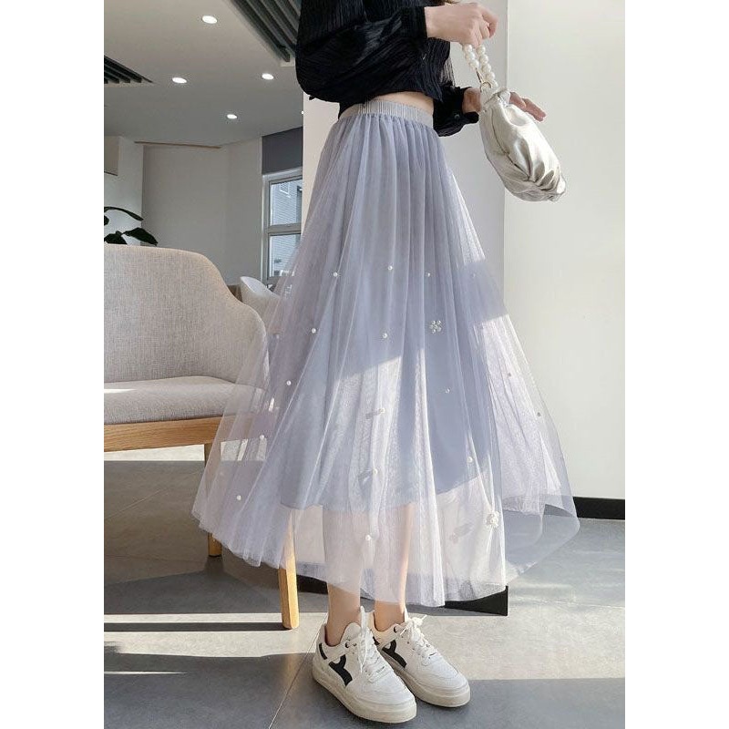 Style Grey Wrinkled Nail bead Patchwork Tulle Skirts Summer