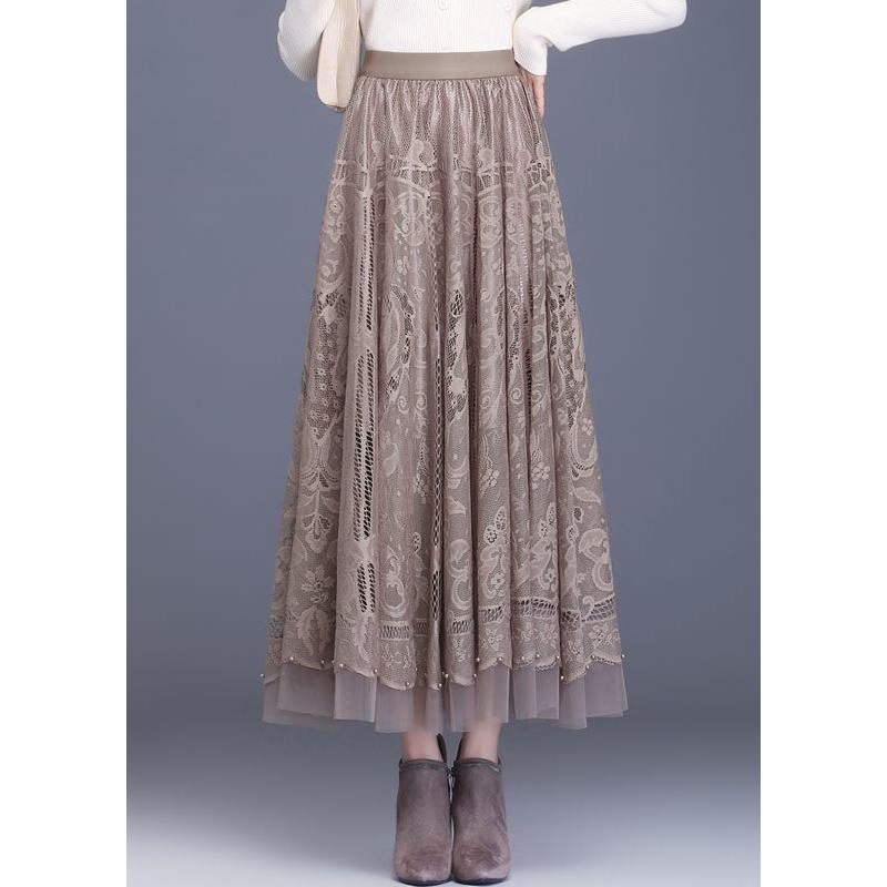 Style Khaki Wrinkled Tulle Patchwork Hollow Out Lace Skirt Spring