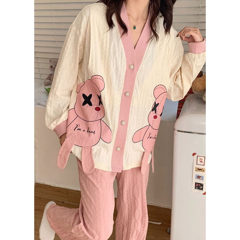 Style Pink Cartoon Patchwork Cotton Pajamas Two Pieces Set Spring