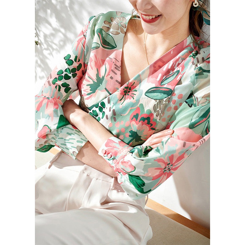 Style Pink Green V Neck Print Silk Shirts Long Sleeve