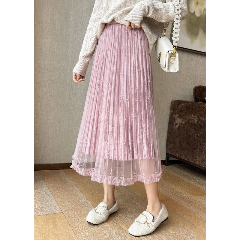 Style Pink Wrinkled Patchwork Wear On Both Sides Velour Tulle Skirt Spring